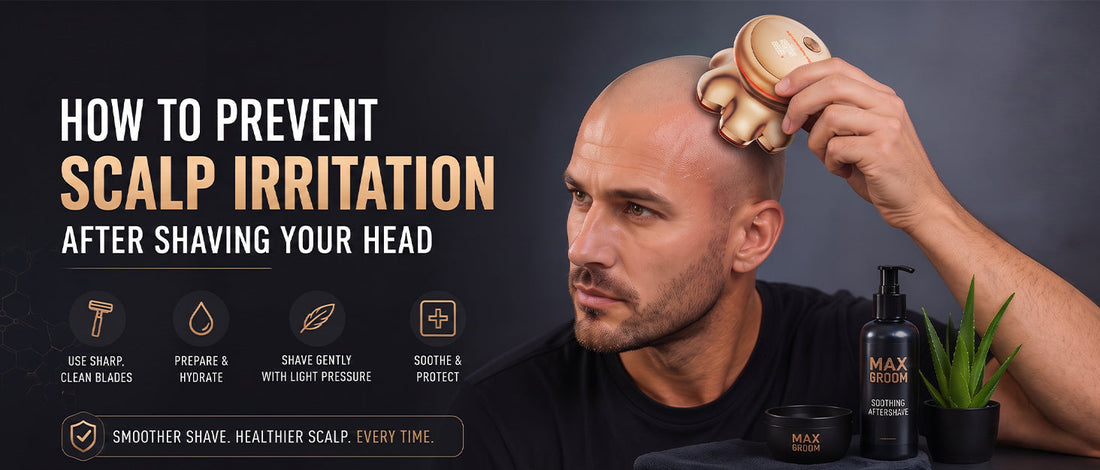 Man using an electric head shaver on a bald scalp with tips for preventing scalp irritation after shaving, including proper preparation, gentle shaving technique, and post-shave care.