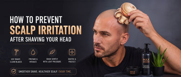 Man using an electric head shaver on a bald scalp with tips for preventing scalp irritation after shaving, including proper preparation, gentle shaving technique, and post-shave care.