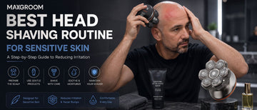 A man using a rotary head shaver on a sensitive scalp with mild redness, alongside shaving and post-shave care products, illustrating a comfortable head shaving routine designed to help reduce irritation.