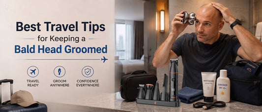 Man using a rotary head shaver in a hotel bathroom while preparing for travel, with a compact grooming kit, sunscreen, moisturizer, and travel essentials arranged nearby for maintaining a bald head on the go.