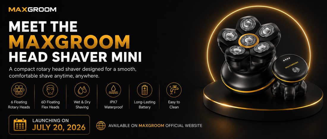 MaxGroom Head Shaver Mini showcasing its six-head rotary design, 6D floating heads, wet and dry shaving, IPX7 waterproof protection, and easy-to-clean design.