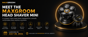 MaxGroom Head Shaver Mini showcasing its six-head rotary design, 6D floating heads, wet and dry shaving, IPX7 waterproof protection, and easy-to-clean design.