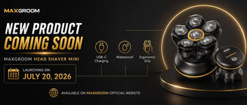 Promotional banner featuring the Maxgroom Head Shaver Mini, highlighting its compact six-head rotary design, USB-C charging, waterproof construction, ergonomic grip, and July 20, 2026 launch date.