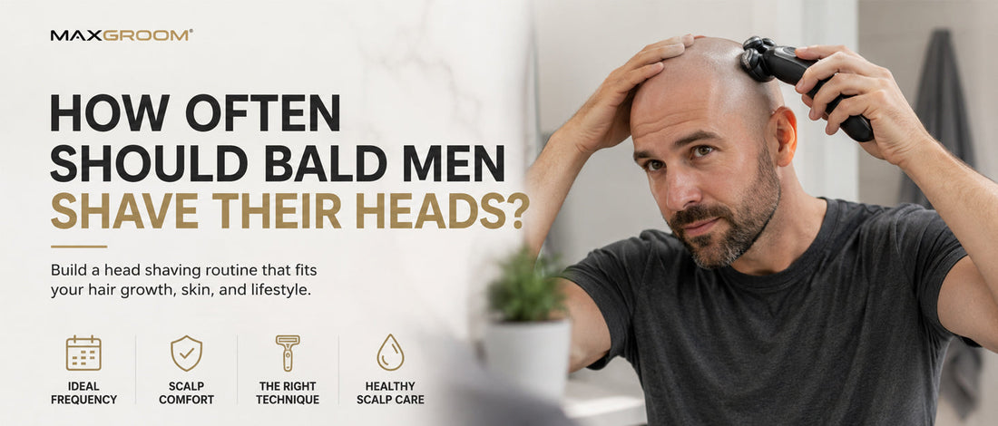A bald man shaving his head with an electric head shaver in front of a bathroom mirror, illustrating how often bald men should shave their heads and build a comfortable head shaving routine.
