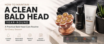 Showing an electric head shaver, moisturizer, sunscreen, and seasonal care icons, illustrating a year-round bald head care routine for maintaining a clean, healthy shaved scalp.