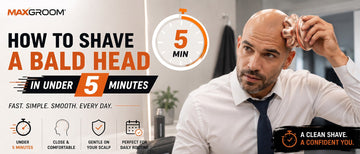 Professional man in business attire using an electric rotary head shaver to shave his bald head in a bathroom before work, illustrating a fast five-minute morning shaving routine.