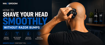 Bald man shaving the back of his head with a 7D rotary electric head shaver to achieve a smooth, razor bump-free shave.