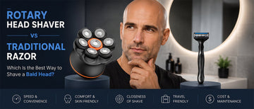 Bald man comparing a rotary head shaver and a traditional razor in a modern bathroom, illustrating the differences between electric and manual head shaving for achieving a smooth bald head.
