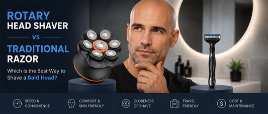 Bald man comparing a rotary head shaver and a traditional razor in a modern bathroom, illustrating the differences between electric and manual head shaving for achieving a smooth bald head.