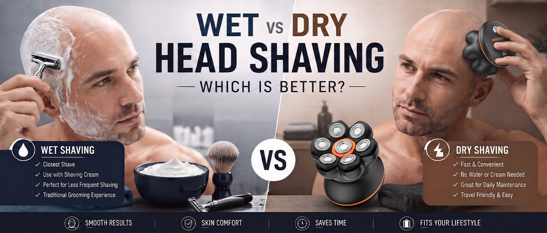 Split-screen comparison of wet head shaving with a manual razor and dry head shaving with a rotary electric head shaver, highlighting the differences in closeness, convenience, and daily maintenance.