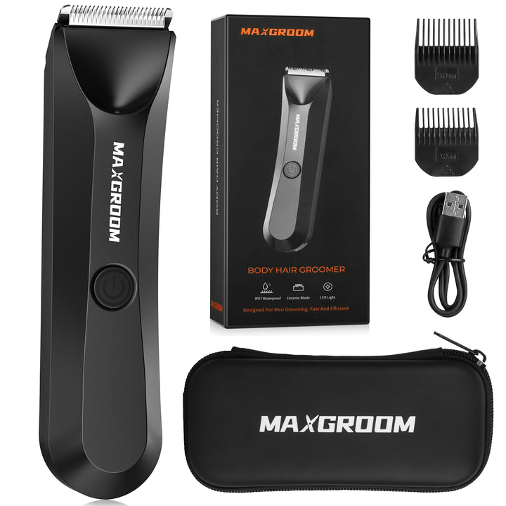 Maxgroom body hair trimmer set with packaging box, showing trimmer, USB charger, cleaning brush, guide combs, and travel pouch