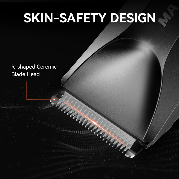 Close-up view of Maxgroom body trimmer’s R-shaped ceramic blade with skin-safe design for gentle and precise grooming