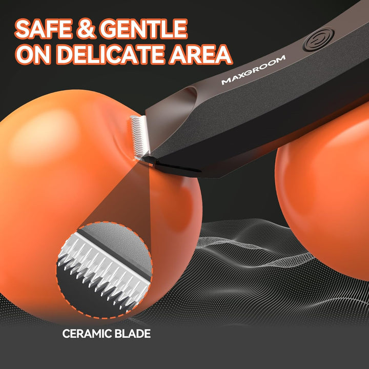 Close-up of Maxgroom ceramic blade trimmer designed for delicate grooming of male intimate areas