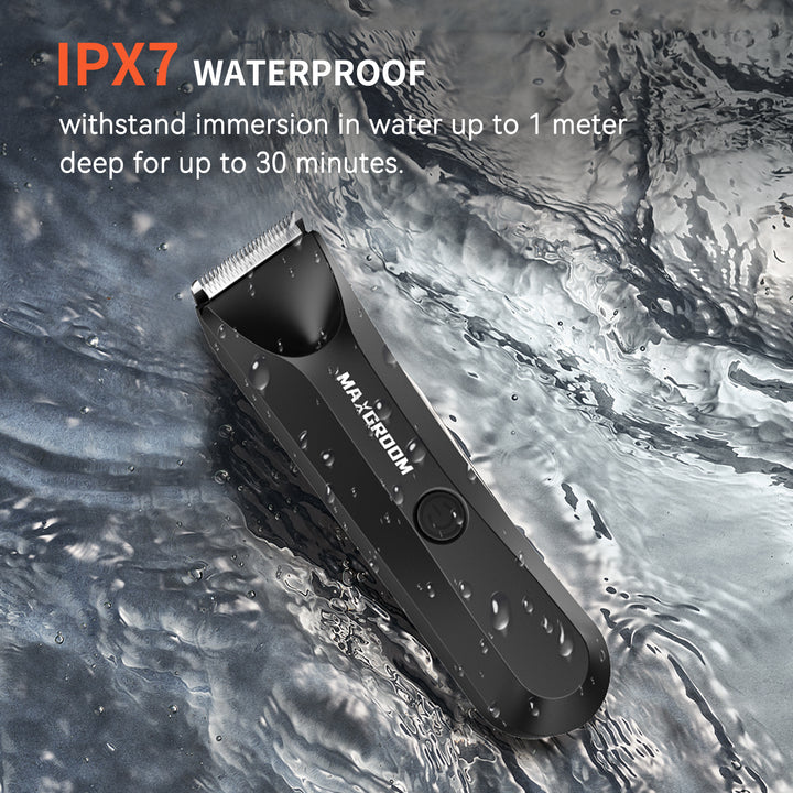 Maxgroom IPX7 waterproof body hair trimmer fully submerged in water, safe for wet shaving and shower use